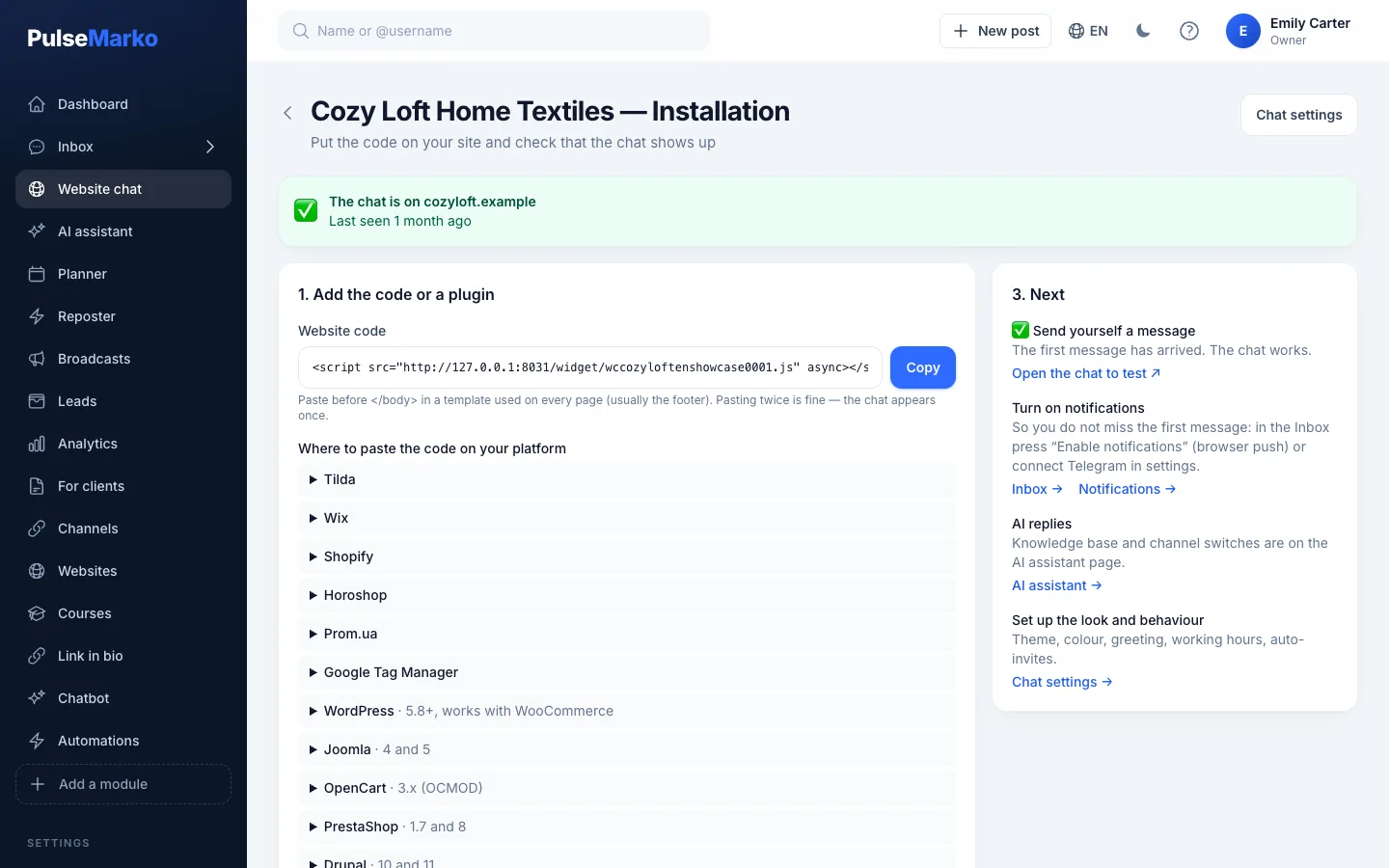 The installation page: code, plugins and check